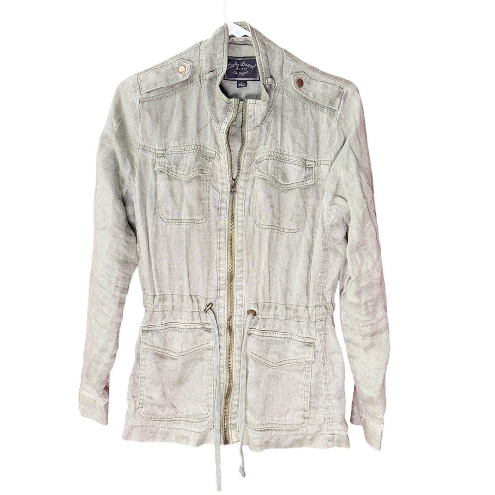 Lucky Brand Utility Jacket Women Small Green Linen Blend Drawstring Cargo Zip